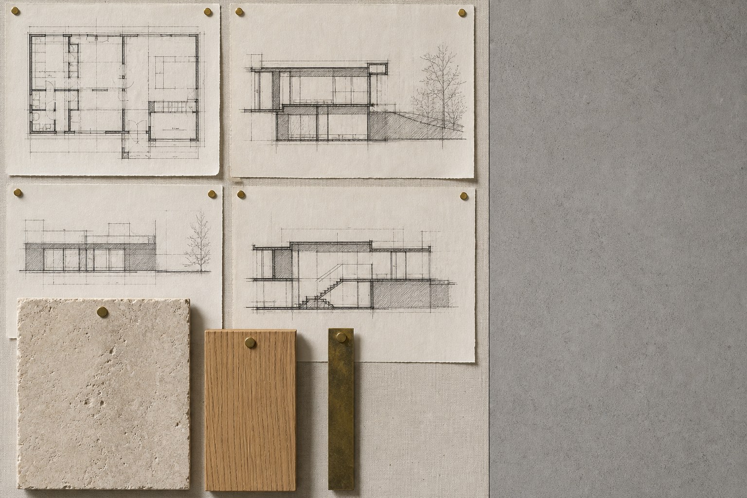 Corcho técnico con planos y muestras de material en el estudio.