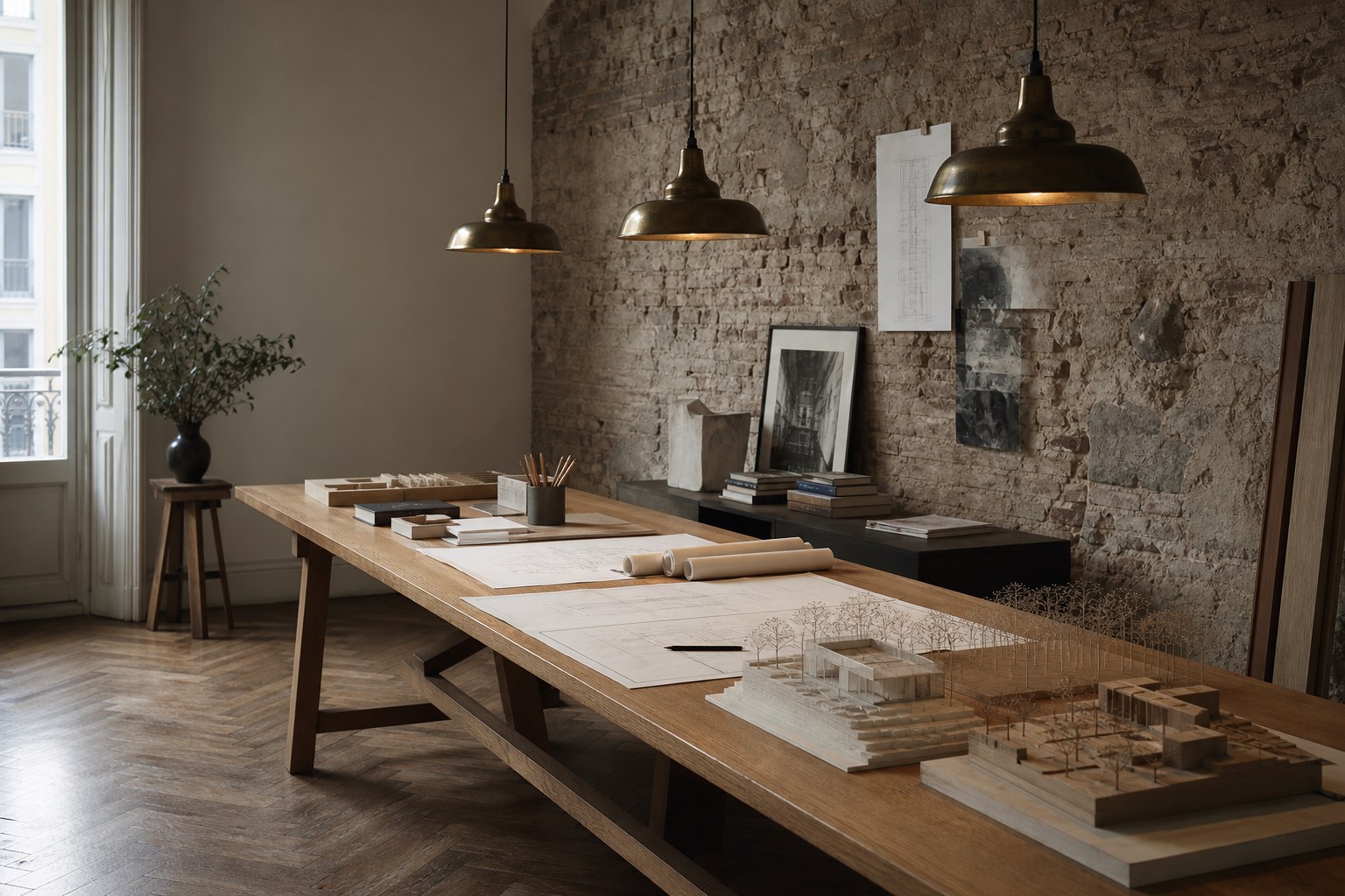 Interior del estudio Atrio en Madrid con mesa de planos y maquetas.
