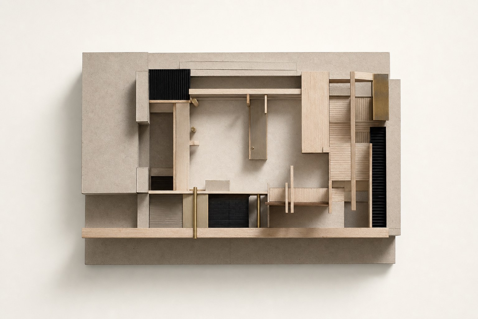 Maqueta arquitectónica sobre fondo hueso, vista cenital.