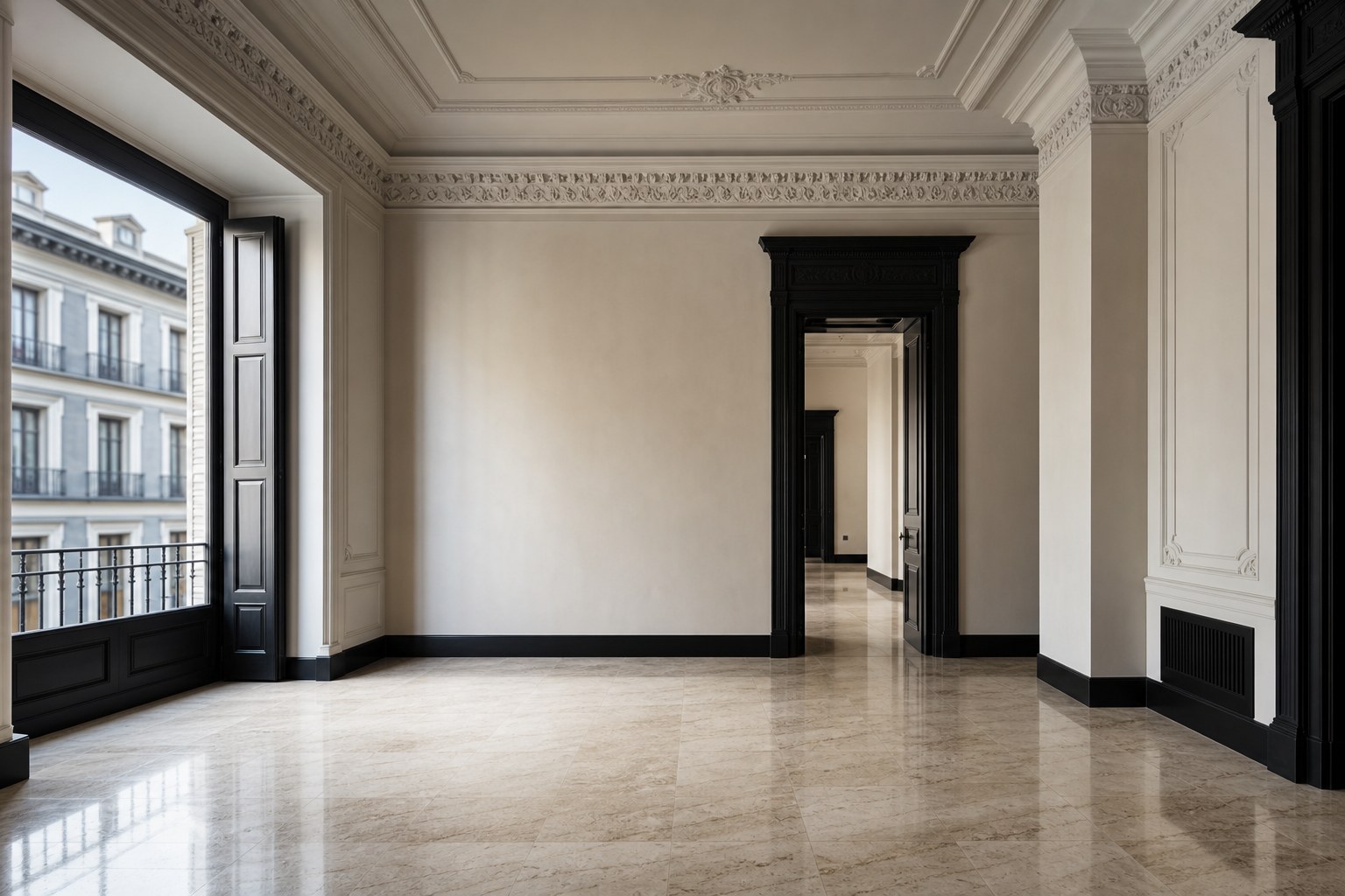 Sala vacía rehabilitada con molduras conservadas y suelo de travertino.